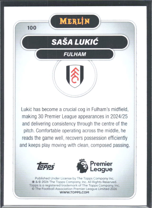 Saša Lukić 2026 Merlin Premier League #100 – baksida