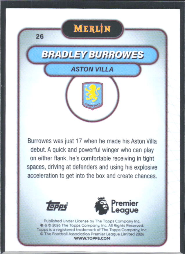 Bradley Burrowes 2026 Merlin Premier League RC #26 – baksida