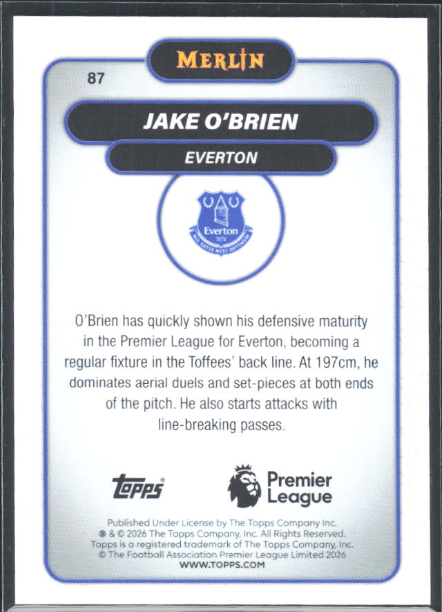 Jake O'Brien 2026 Merlin Premier League #87 – baksida