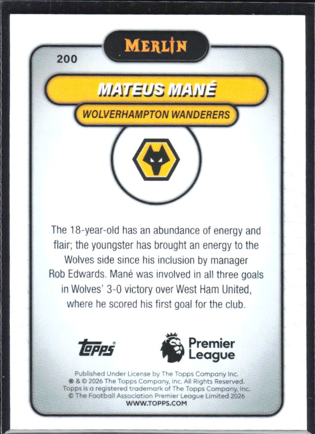 Mateus Mané 2026 Merlin Premier League RC #200 – baksida