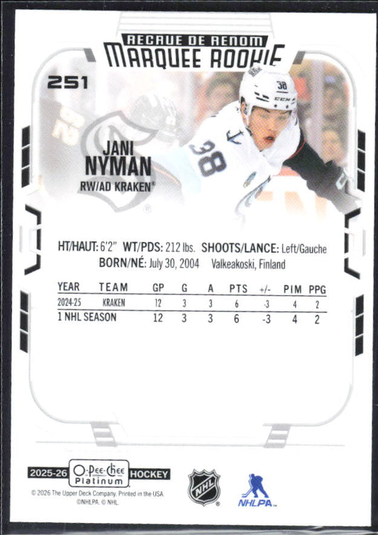 Jani Nyman 2025-26 O-Pee-Chee Platinum Marquee Rookie #251 – baksida