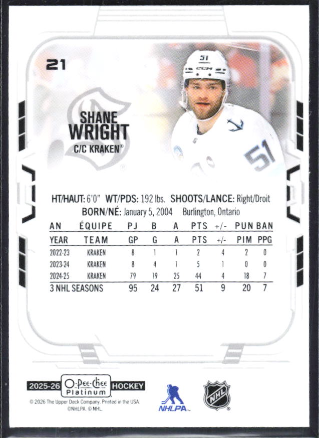Shane Wright 2025-26 O-Pee-Chee Platinum #21 – baksida