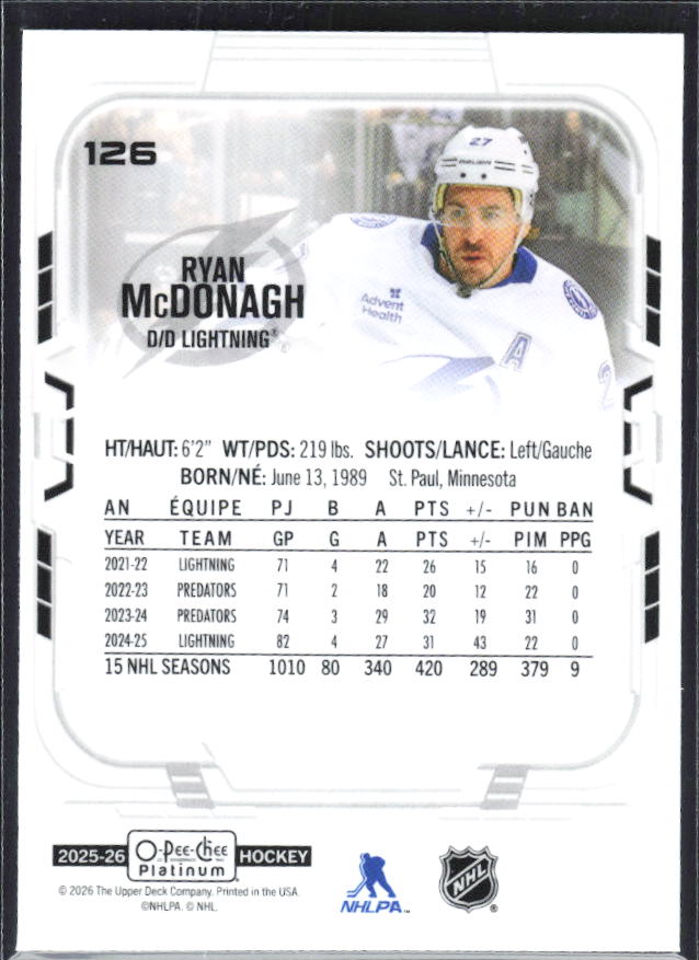 Ryan McDonagh 2025-26 O-Pee-Chee Platinum #126 – baksida