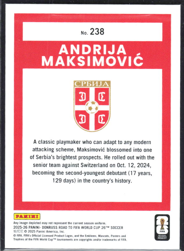 Andrija Maksimović 2025-26 Donruss Road to FIFA WC Rated Rookie #238 – baksida