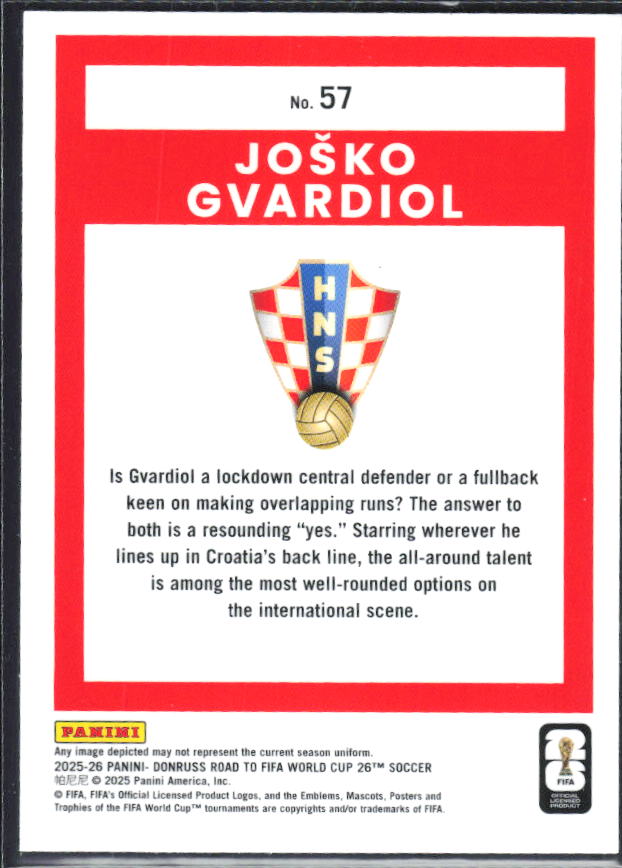 Joško Gvardiol 2025-26 Donruss Road to FIFA WC Optic #57 – baksida
