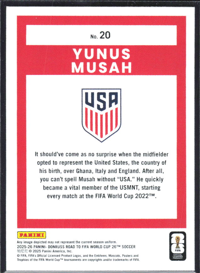 Yunus Musah 2025-26 Donruss Road to FIFA WC #20 – baksida