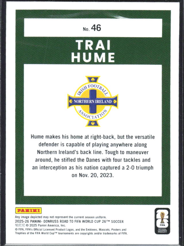 Trai Hume 2025-26 Donruss Road to FIFA WC RC #46 – baksida