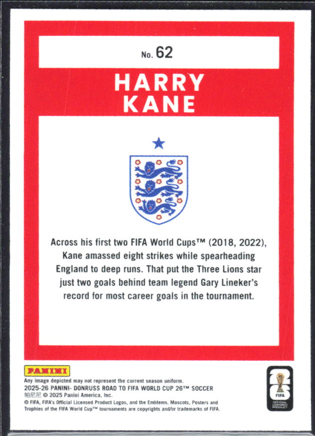 Harry Kane 2025-26 Donruss Road to FIFA WC Optic #62 – baksida