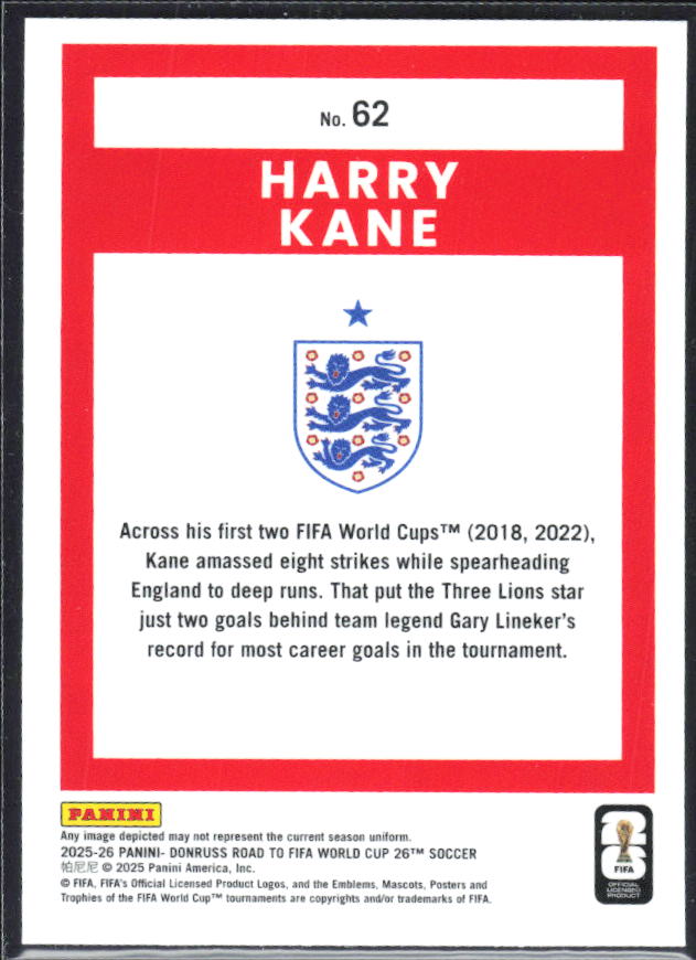 Harry Kane 2025-26 Donruss Road to FIFA WC Optic #62 – baksida