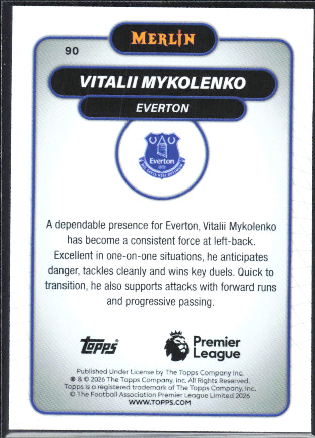 Vitalii Mykolenko 2026 Merlin Premier League #90 – baksida