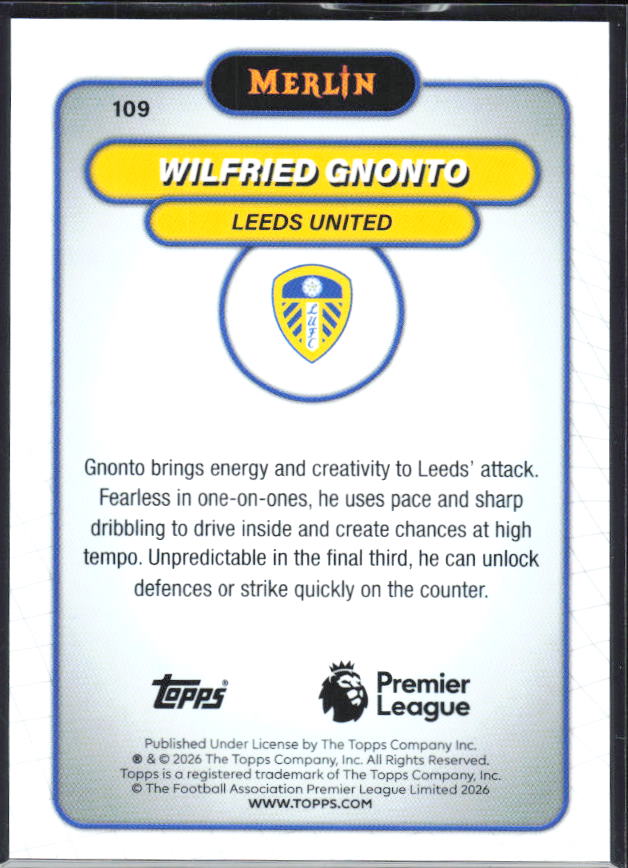 Wilfried Gnonto 2026 Merlin Premier League #109 – baksida