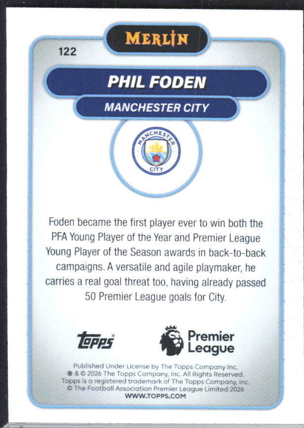 Phil Foden 2026 Merlin Premier League #122 – baksida
