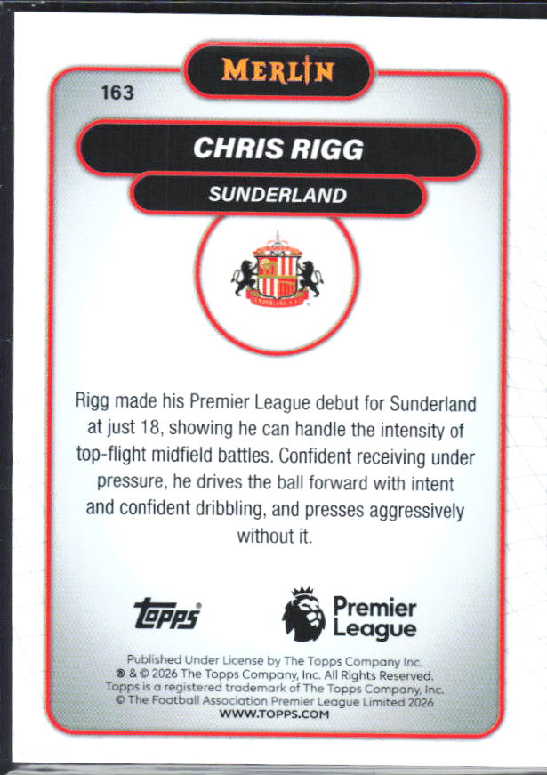 Chris Rigg 2026 Merlin Premier League RC #163 – baksida