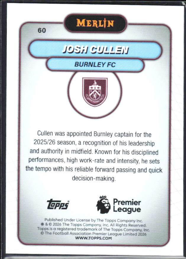 Josh Cullen 2026 Merlin Premier League #60 – baksida