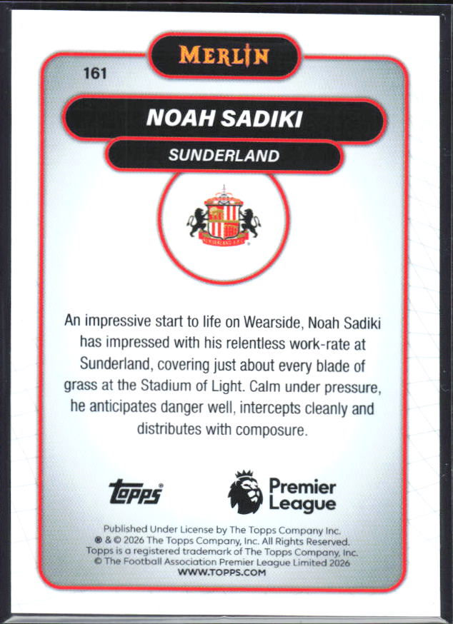 Noah Sadiki 2026 Merlin Premier League RC #161 – baksida