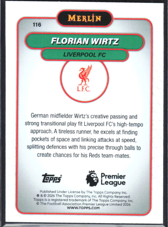 Florian Wirtz 2026 Merlin Premier League #116 – baksida