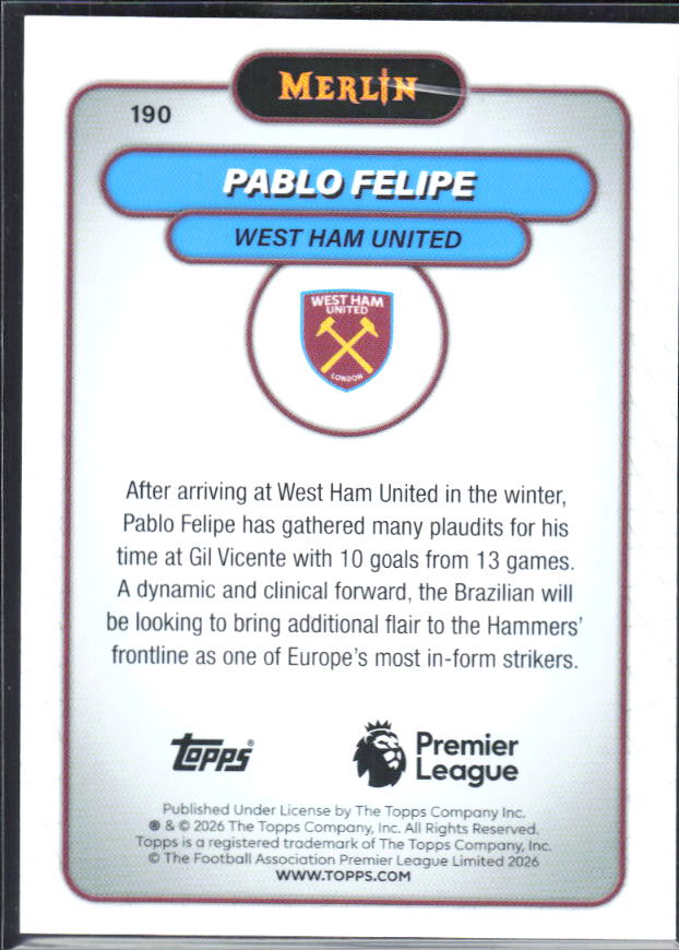 Pablo Felipe 2026 Merlin Premier League RC #190 – baksida