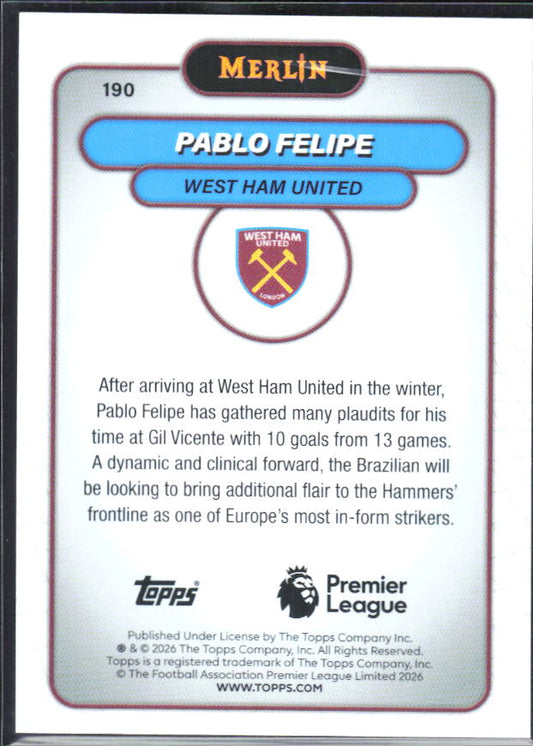 Pablo Felipe 2026 Merlin Premier League RC #190 – baksida