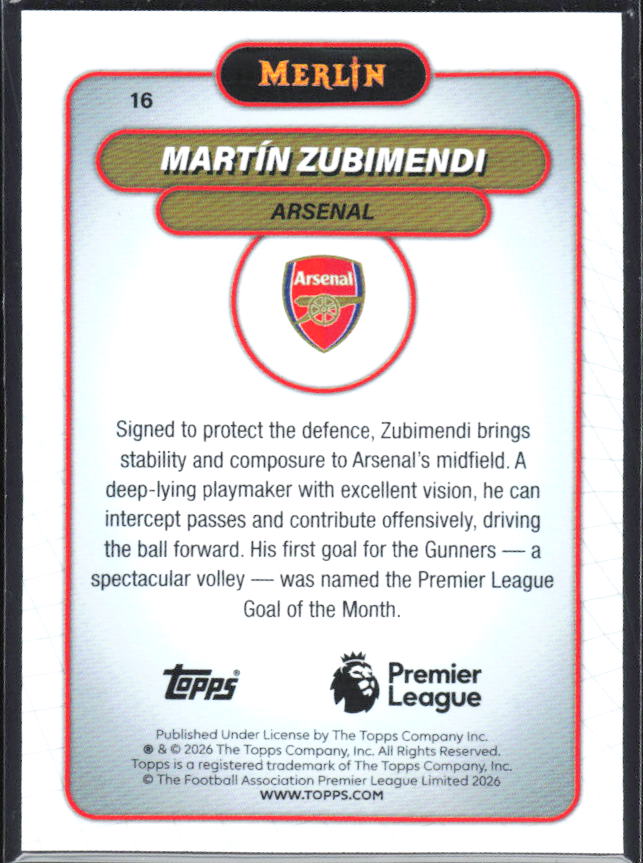 Martín Zubimendi 2026 Merlin Premier League #16 – baksida