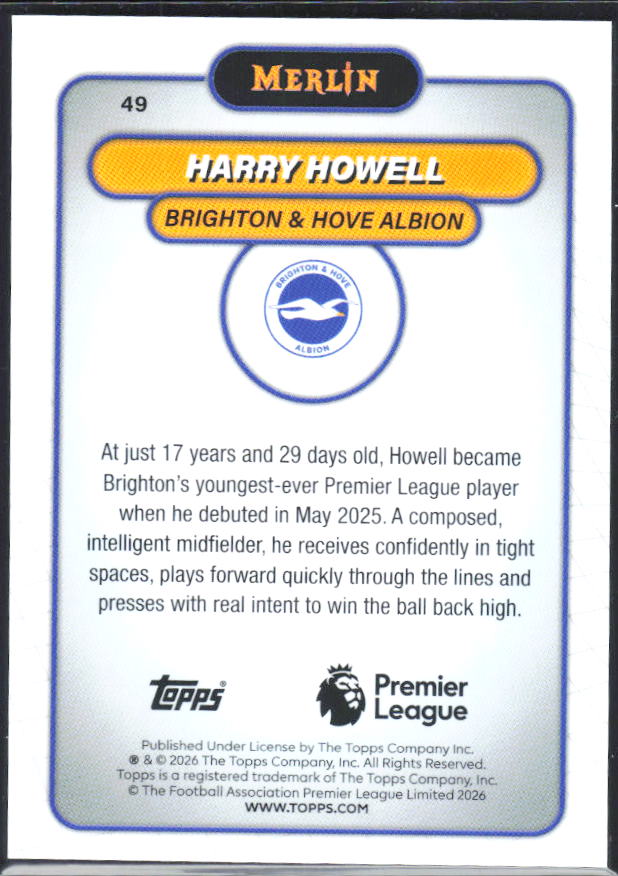 Harry Howell 2026 Merlin Premier League RC #49 – baksida