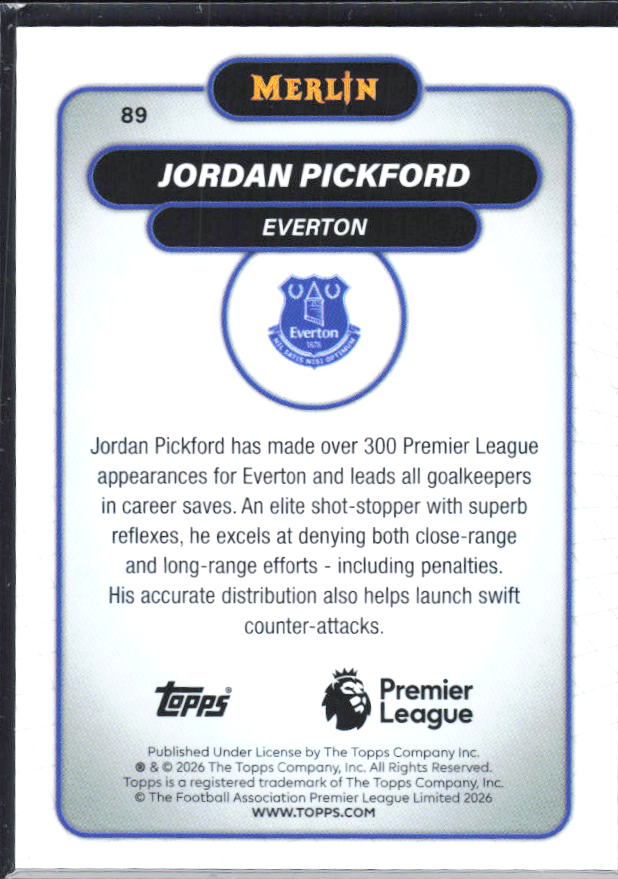 Jordan Pickford 2026 Merlin Premier League #89 – baksida