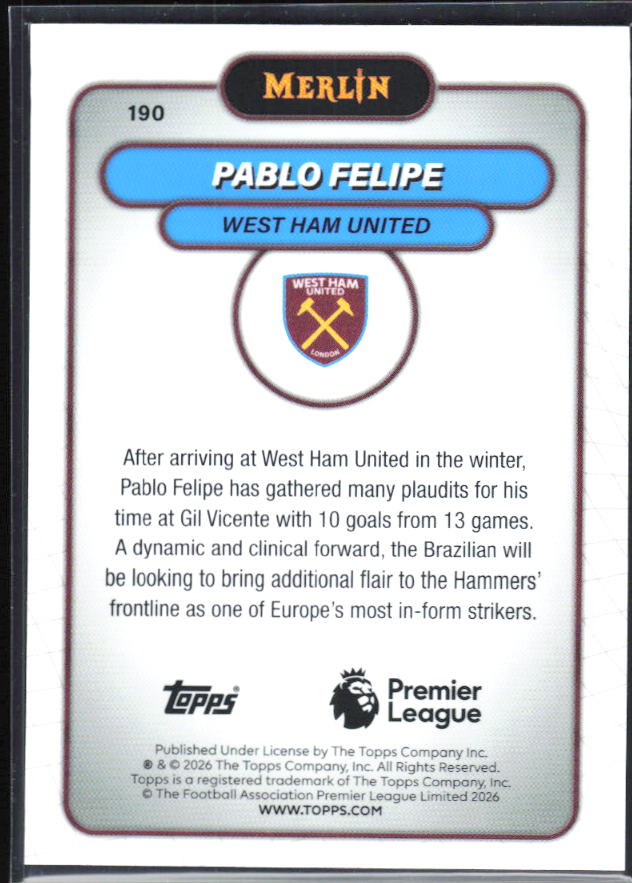Pablo Felipe 2026 Merlin Premier League RC #190 – baksida