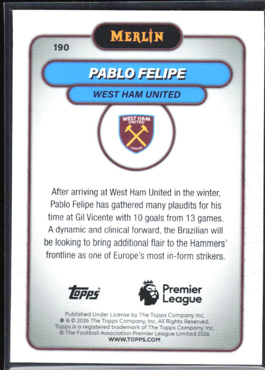 Pablo Felipe 2026 Merlin Premier League RC #190 – baksida