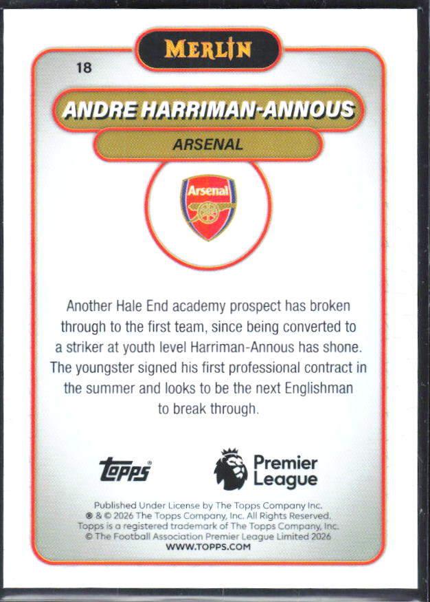 Andre Harriman-Annous 2026 Merlin Premier League RC #18 – baksida