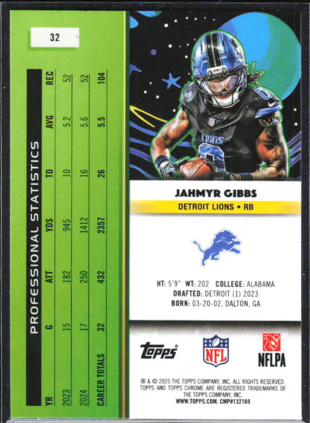 Jahmyr Gibbs 2025 Cosmic Chrome #32 – baksida