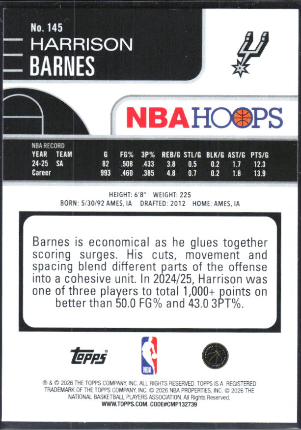 Harrison Barnes 2025-26 NBA Hoops Rainbow #145 – baksida