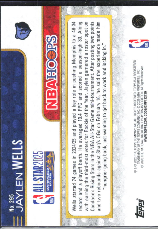 Jaylen Wells 2025-26 NBA Hoops All-Star 2025 Rainbow #295 – baksida