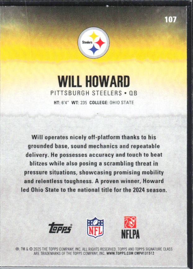 Will Howard 2025 Signature Class RC #107 – baksida
