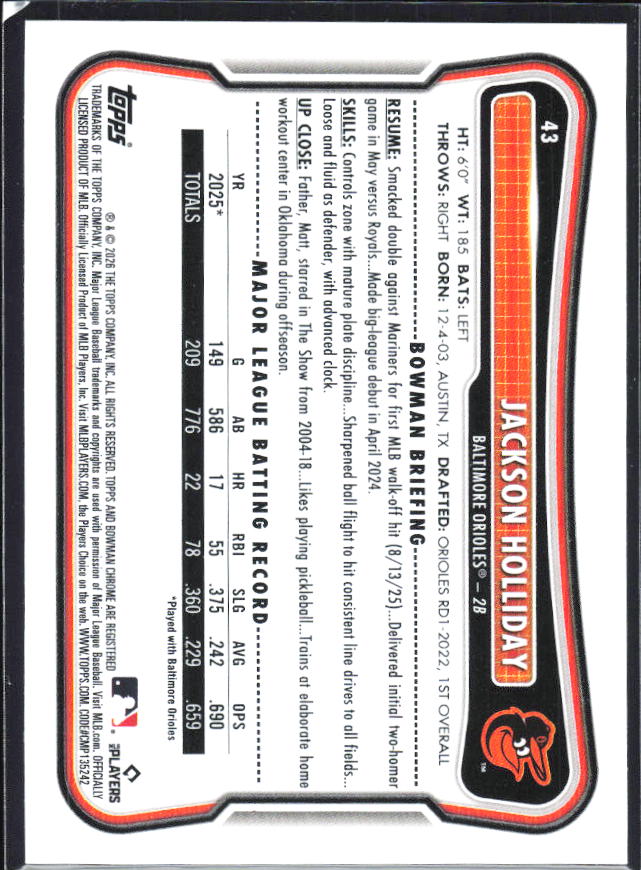 Jackson Holliday 2026 Bowman #43 – baksida