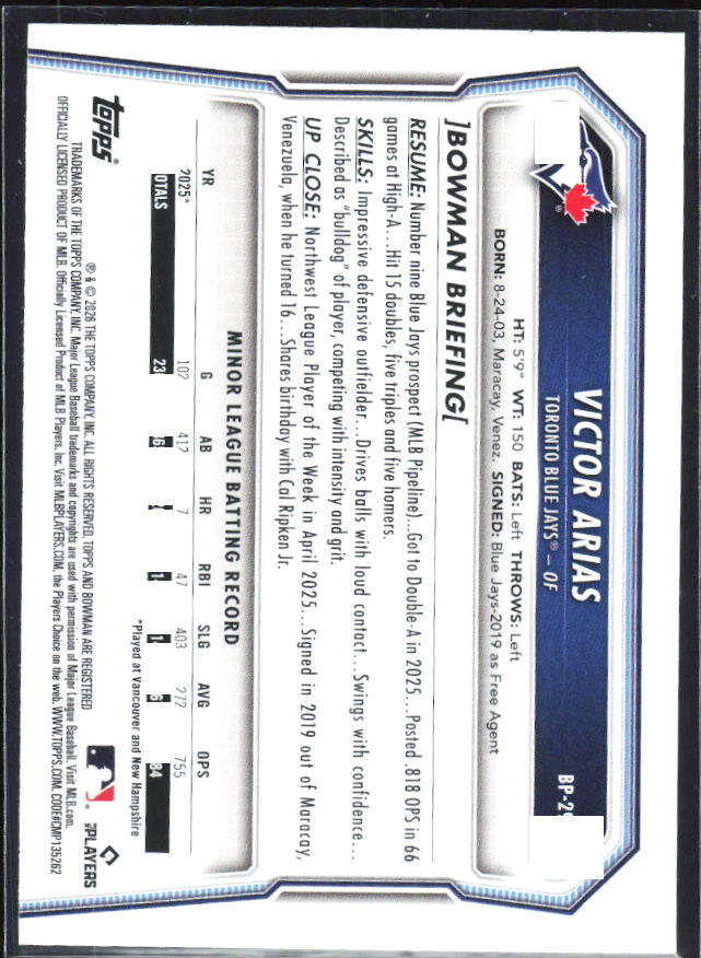 Victor Arias 2026 Bowman 1st Prospects #BP-29 – baksida