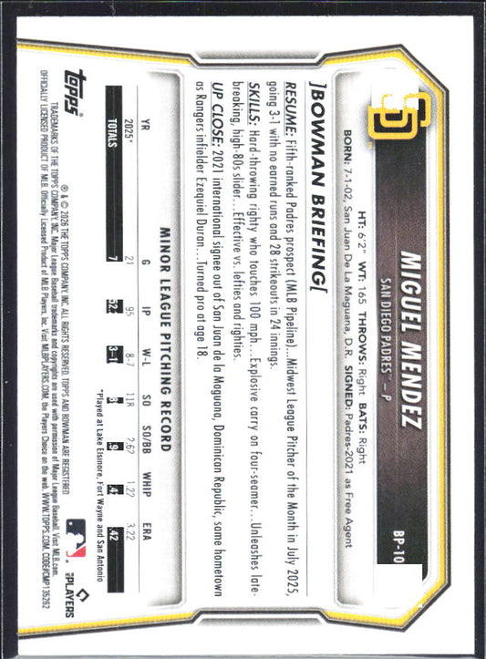 Miguel Mendez 2026 Bowman 1st Prospects #BP-107 – baksida