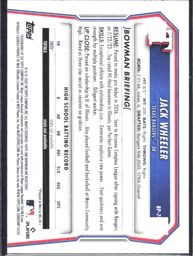 Jack Wheeler 2026 Bowman 1st Prospects #BP-74 – baksida