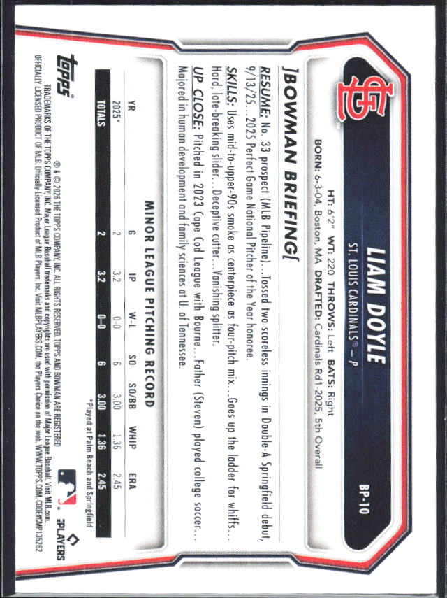 Liam Doyle 2026 Bowman Prospects #BP-10 – baksida