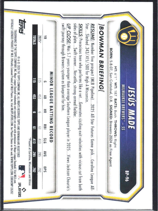 Jesús Made 2026 Bowman Prospects #BP-96 – baksida