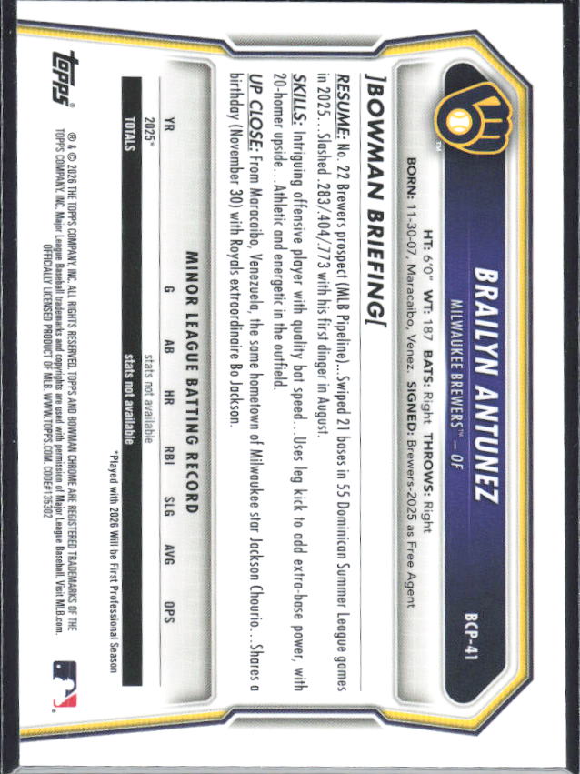 Brailyn Antunez 2026 Bowman 1st Chrome Prospects #BCP-41 – baksida