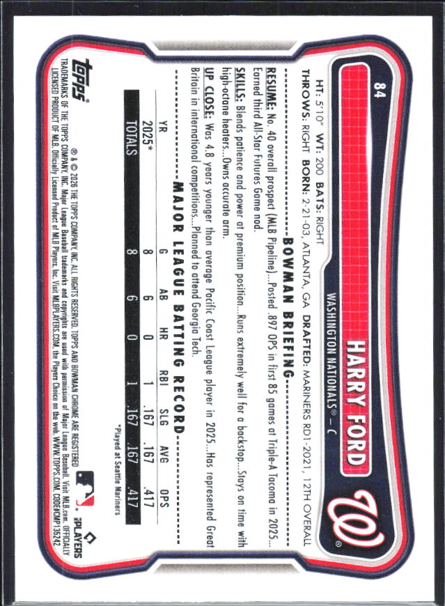 Harry Ford 2026 Bowman RC #84 – baksida