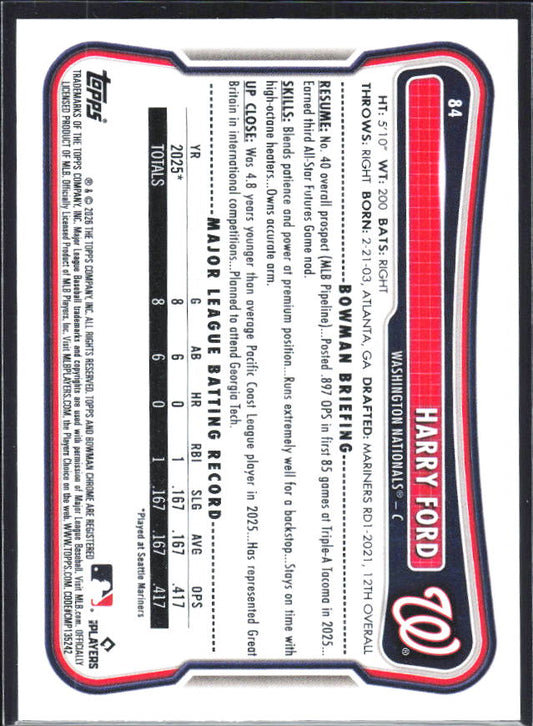 Harry Ford 2026 Bowman RC #84 – baksida