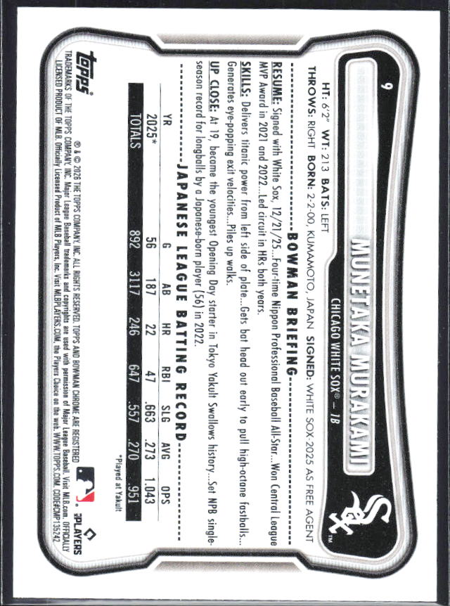 Munetaka Murakami 2026 Bowman RC #9 – baksida