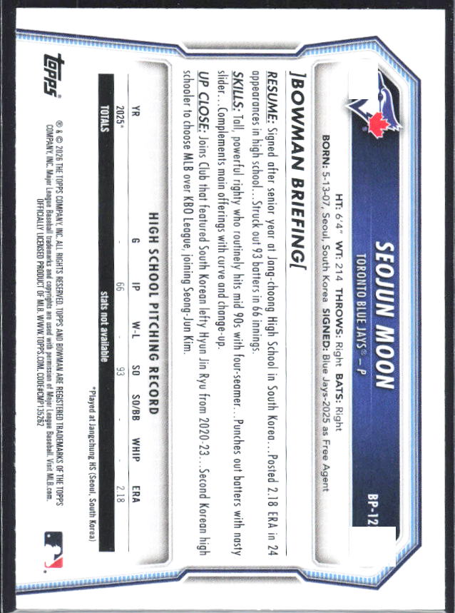 Seojun Moon 2026 Bowman 1st Prospects #BP-127 – baksida