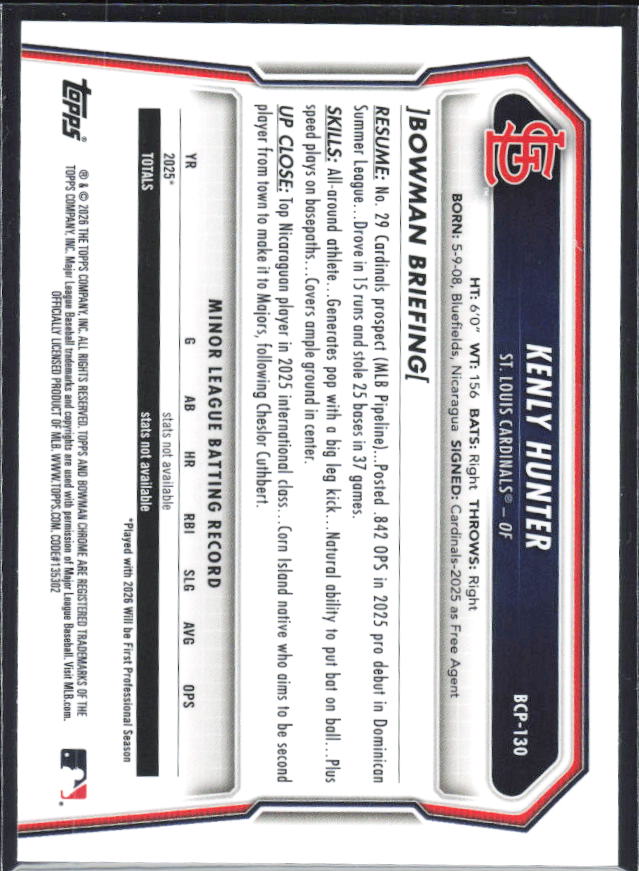 Kenly Hunter 2026 Bowman 1st Chrome Prospects #BCP-130 – baksida