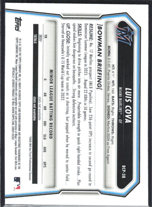 Luis Cova 2026 Bowman 1st Chrome Prospects #BCP-38 – baksida