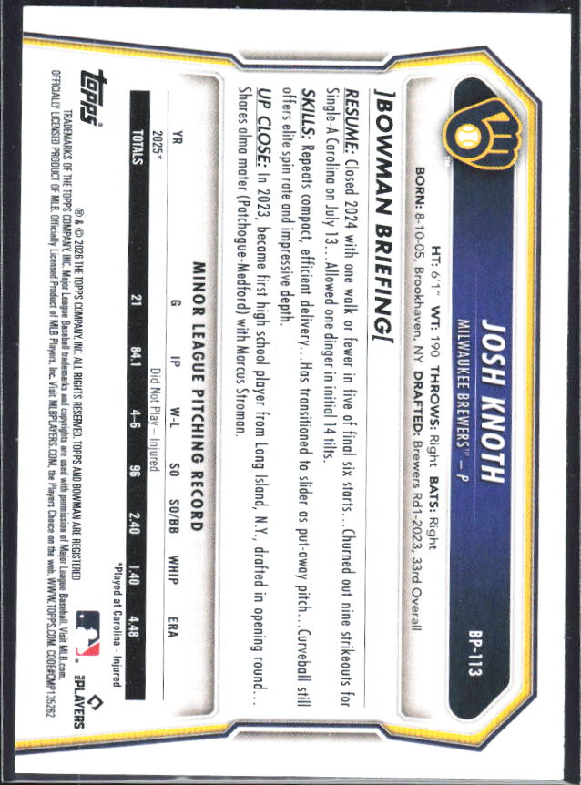 Josh Knoth 2026 Bowman Prospects #BP-113 – baksida