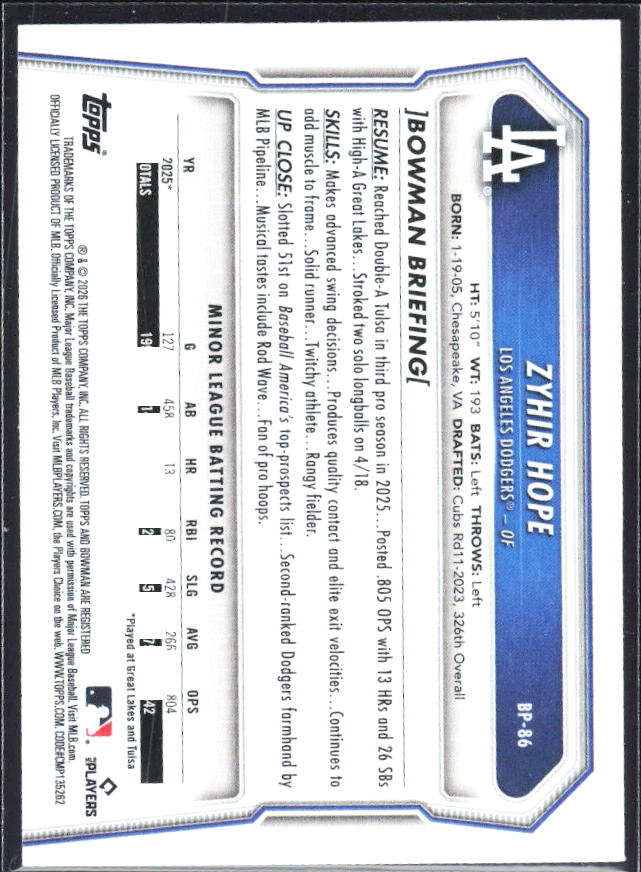 Zyhir Hope 2026 Bowman Prospects #BP-86 – baksida