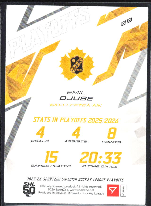 Emil Djuse 2025-26 SHL Playoffs #29 – baksida