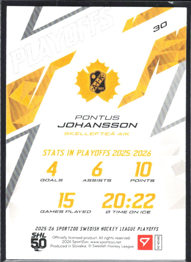 Pontus Johansson 2025-26 SHL Playoffs #30 – baksida