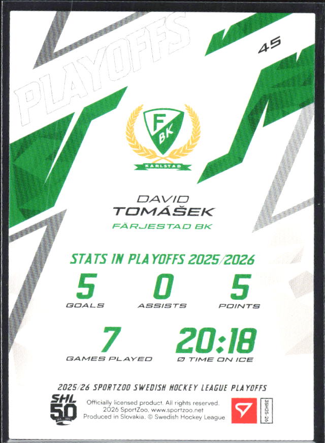 David Tomášek 2025-26 SHL Playoffs #45 – baksida